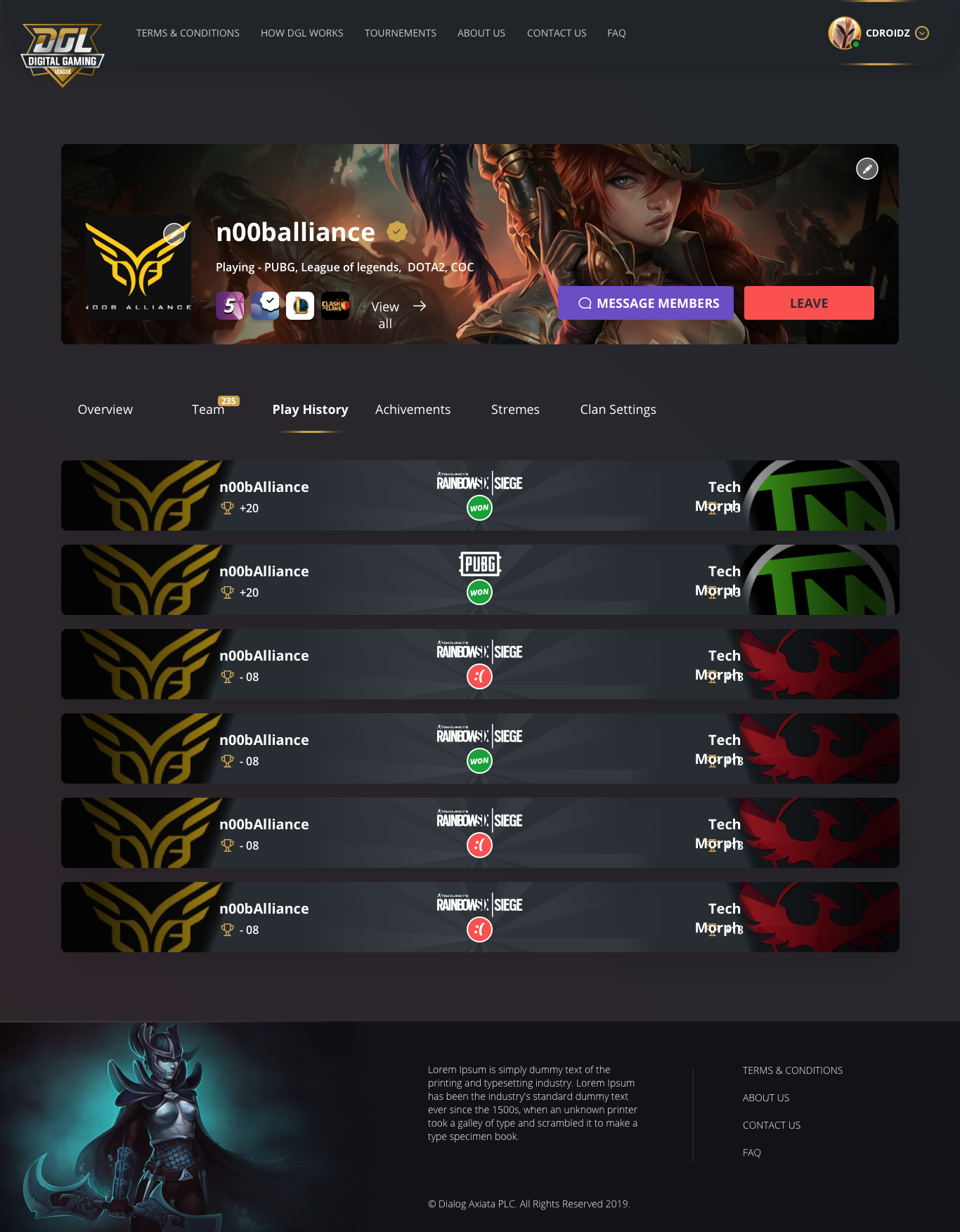 Clan profile play history screen