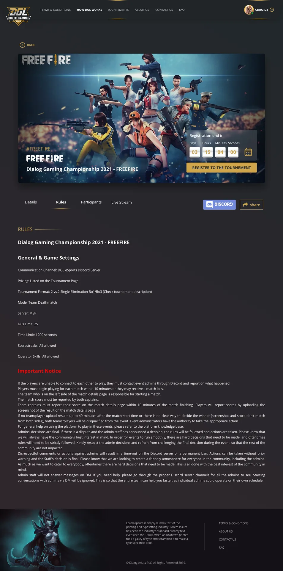 Tournament details rules screen