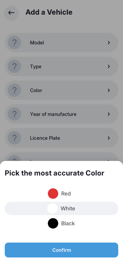 Driver app Add-Vehicle color UI