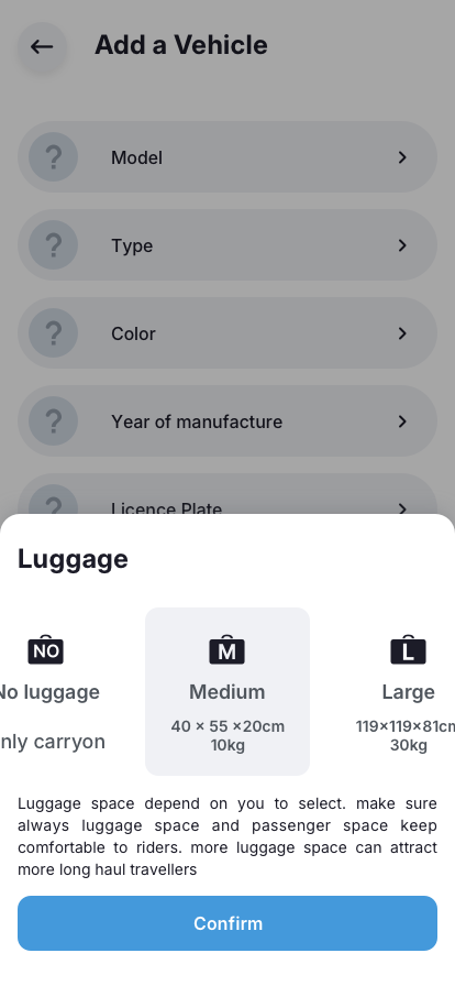 Driver app Add-Vehicle luggage UI