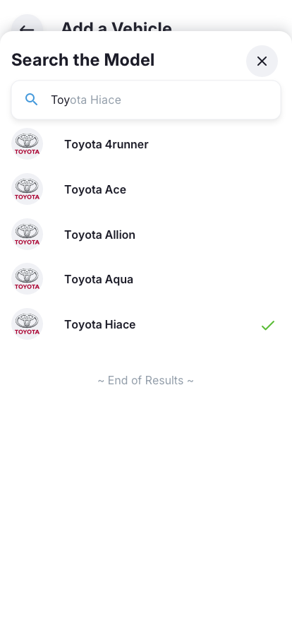 Driver app Add-Vehicle Model-select UI