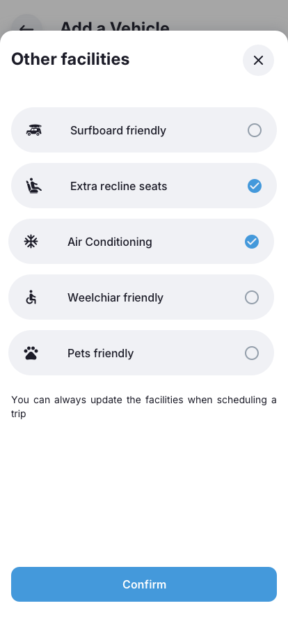 Driver app Add-Vehicle other facilities UI
