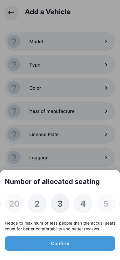 Driver app Add-Vehicle seating availability UI