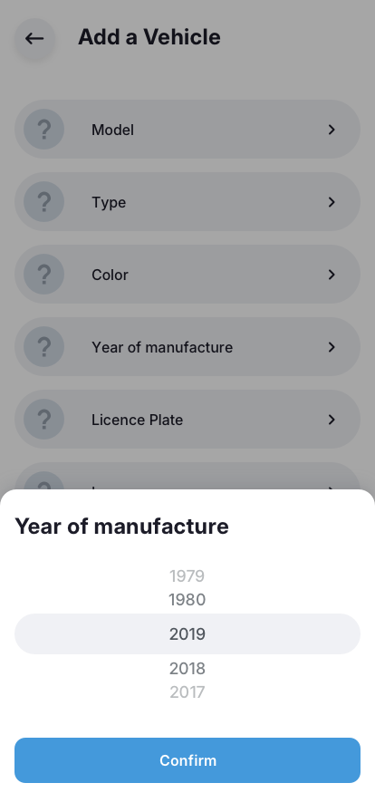 Driver app Add-Vehicle year of manufacture UI