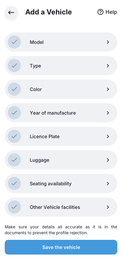 Driver app Add-Vehicle successful UI