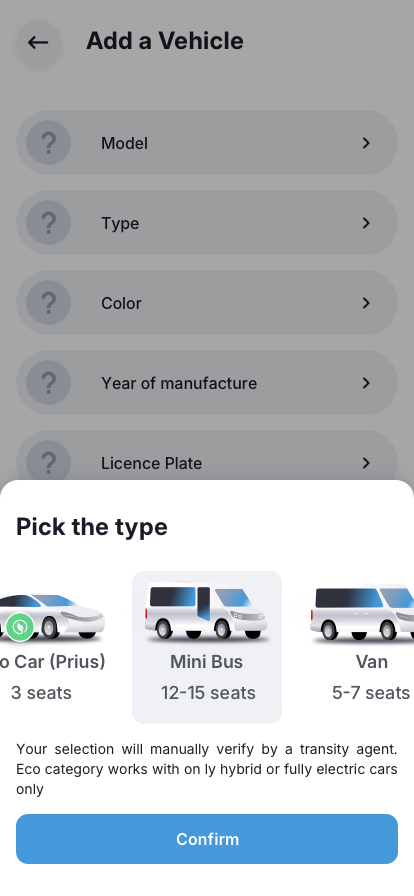 Driver app Add-Vehicle type selection UI