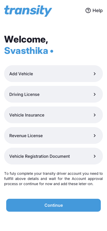 Driver app Welcome notice with pending informations UI