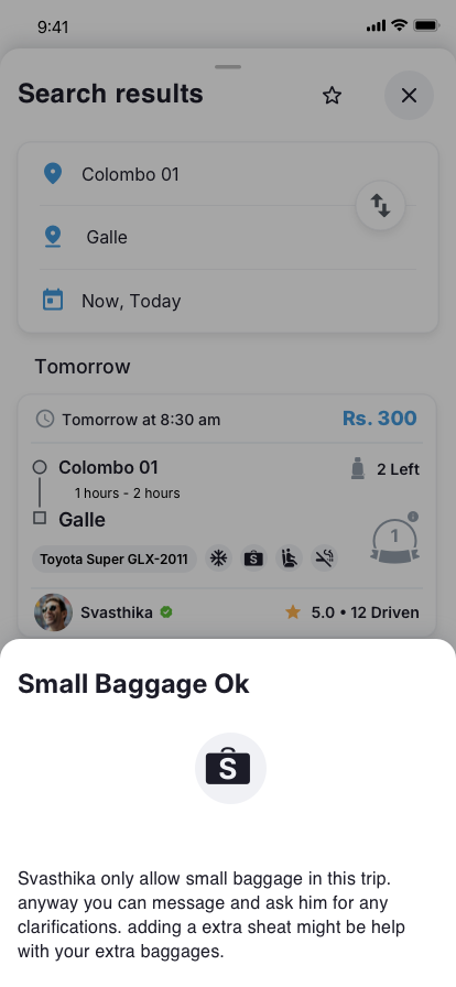 Rider app amenities details popup 2 UI