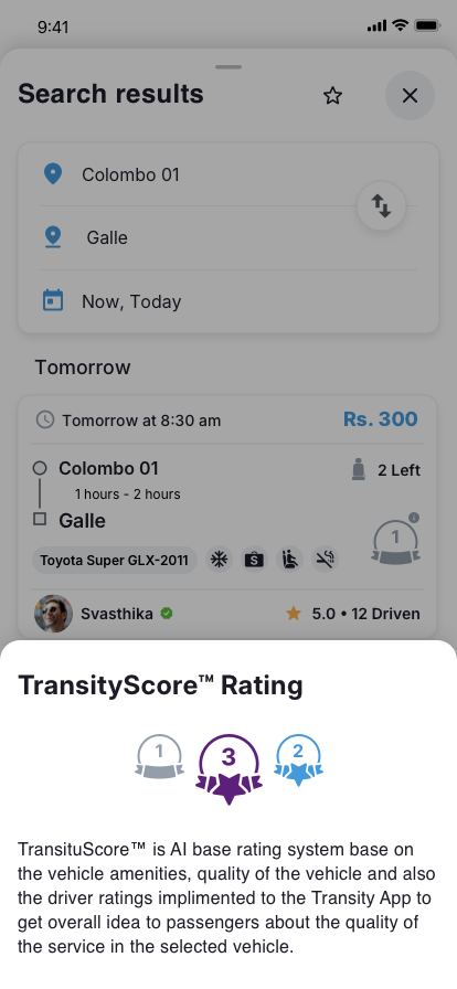 Rider app amenities details popup UI
