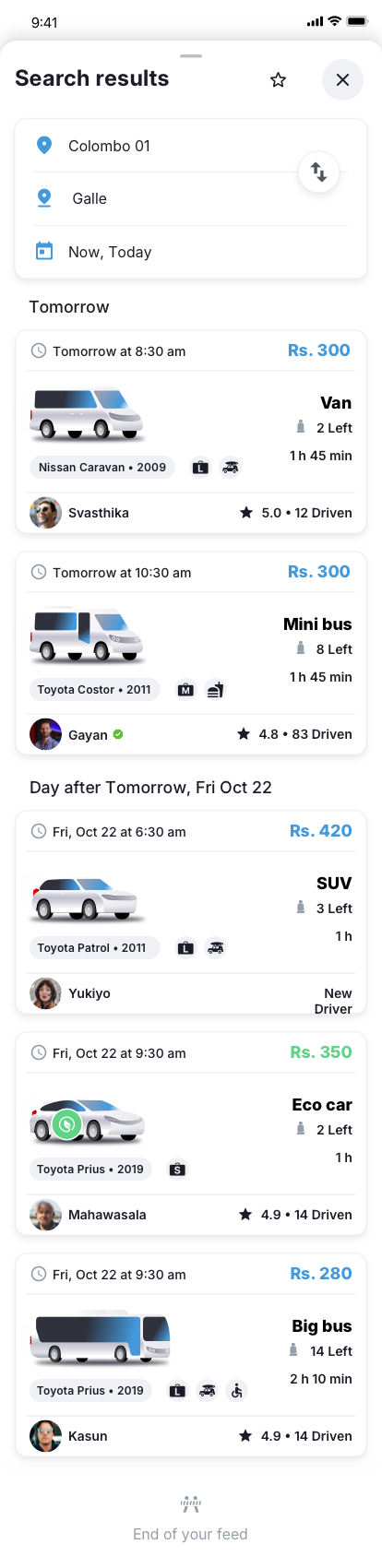 Rider app direct-map-selected results UI