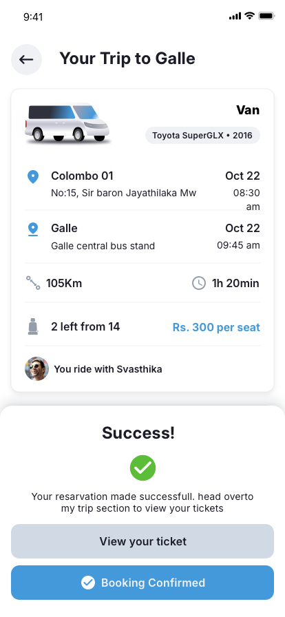 Rider app ticket reservation successful UI