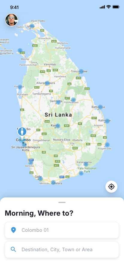 Rider app search-screen first-time-user UI