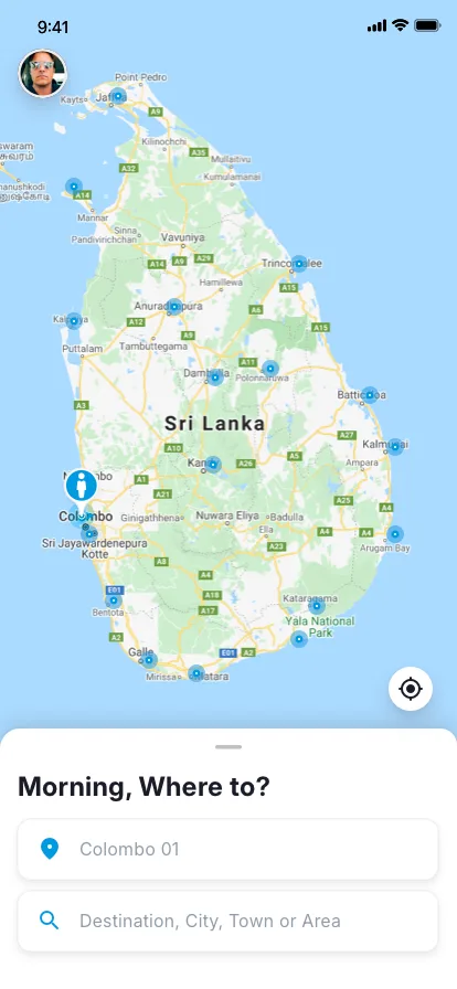 Rider app search-screen first-time-user UI