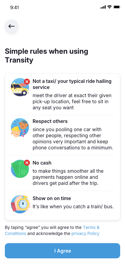 Rider app Terms and conditions UI