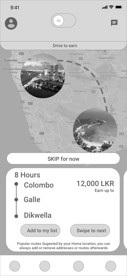 Driver wireframe landing screen for first-time visitor