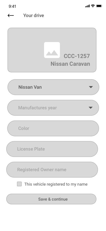 Driver wireframe vehicle detail setup screen