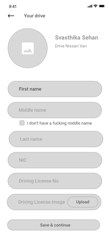 Driver wireframe profile overview screen