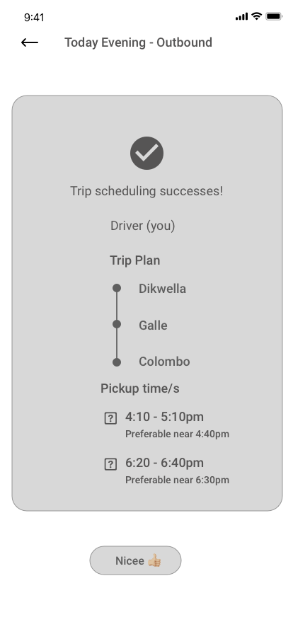Driver wireframe scheduled trip finalizing screen