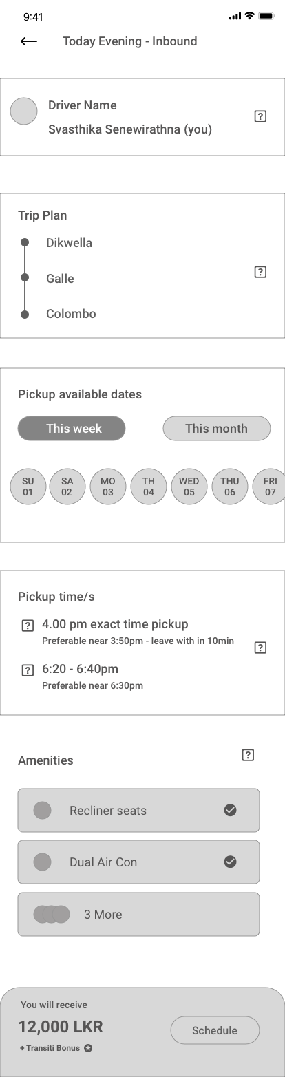 Driver wireframe trip scheduling flow