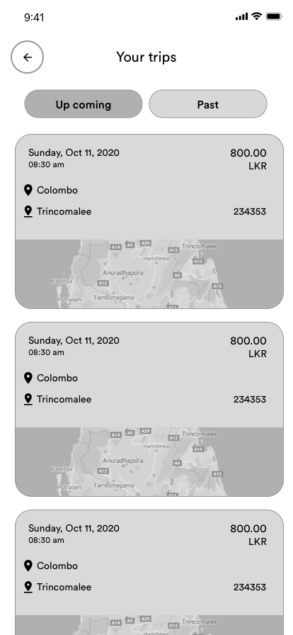 Rider wireframe itinerary and trips screen