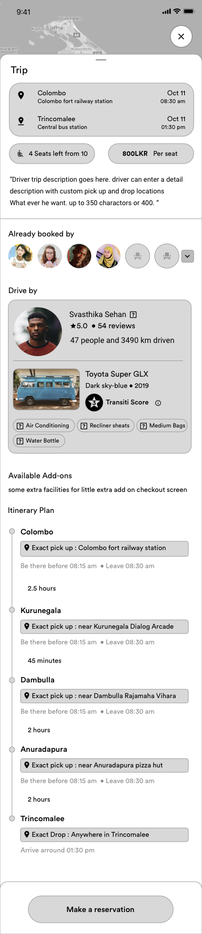 Long-form rider destination and details wireframe showing journey discovery flow