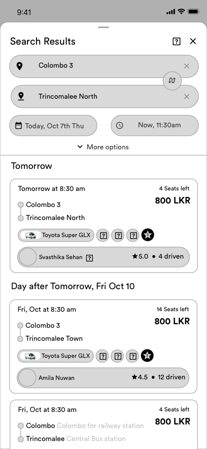 Rider wireframe destination search screen