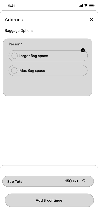 Rider wireframe reservation add-ons screen