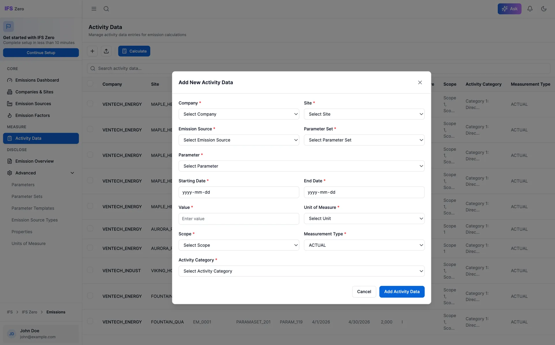 Add New Activity Data form
