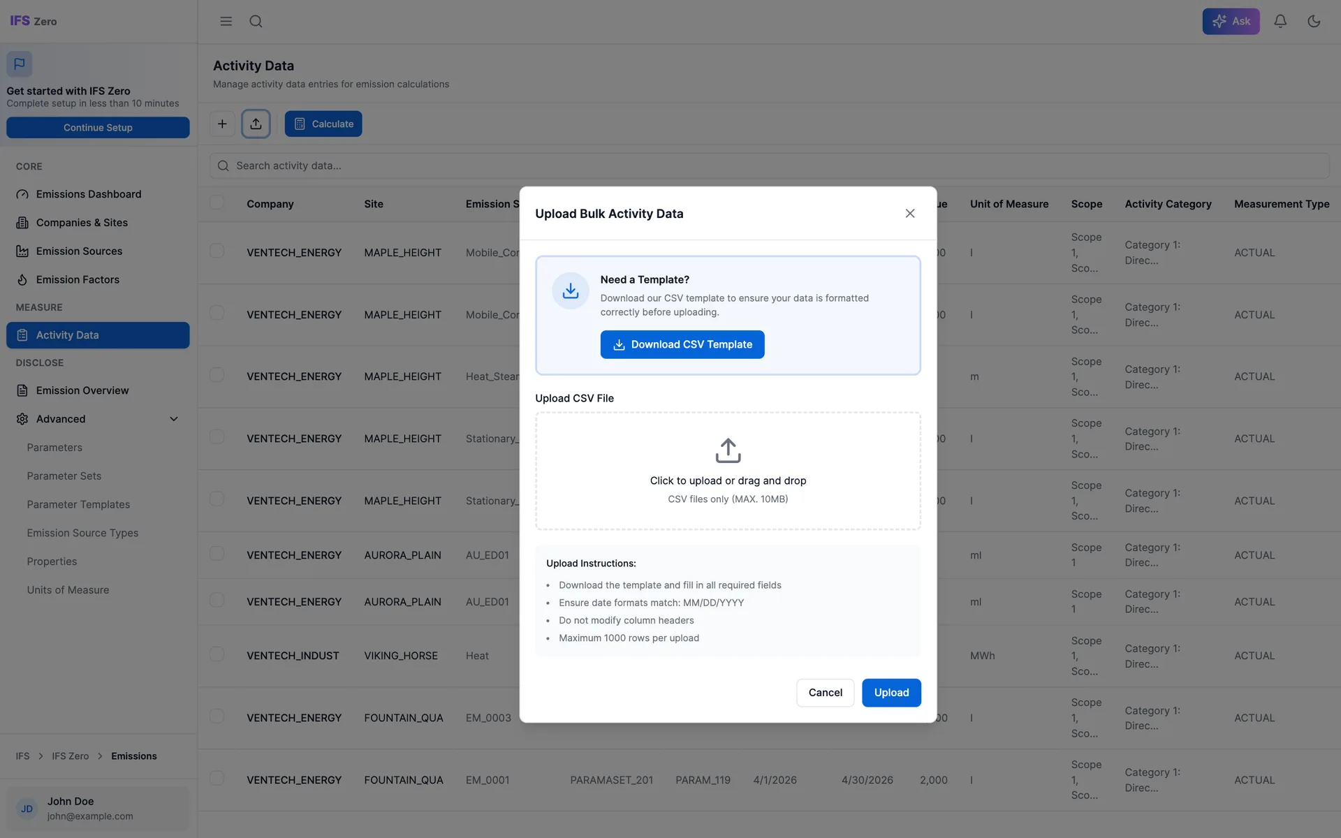 Bulk CSV upload dialog
