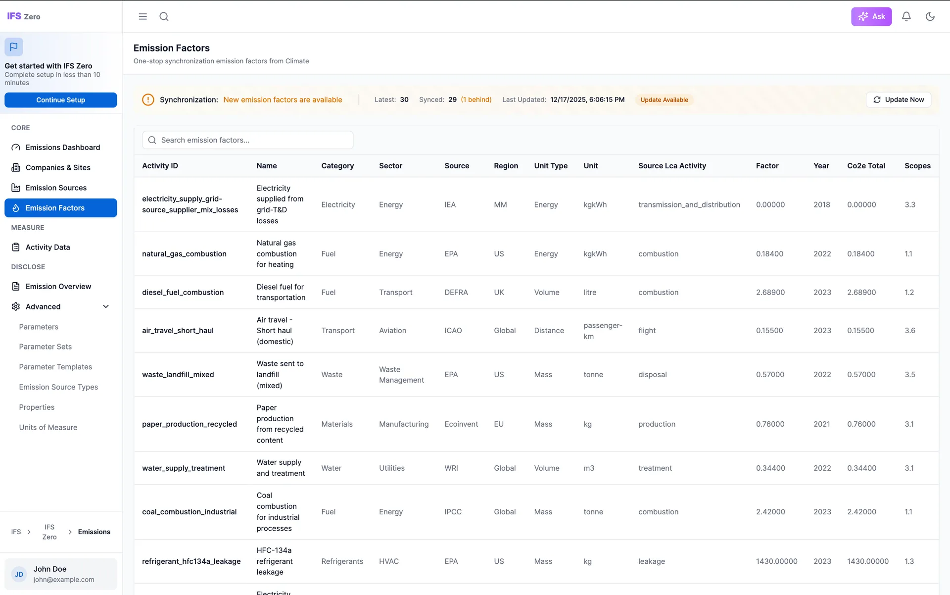 Emission Factors with sync notification