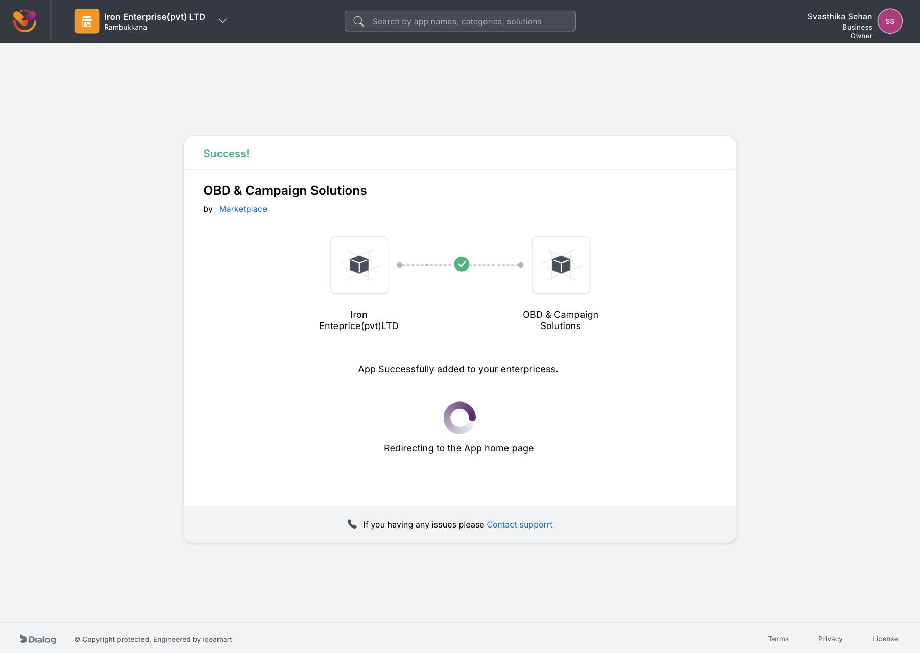 App successfully added to enterprise with redirect to app home
