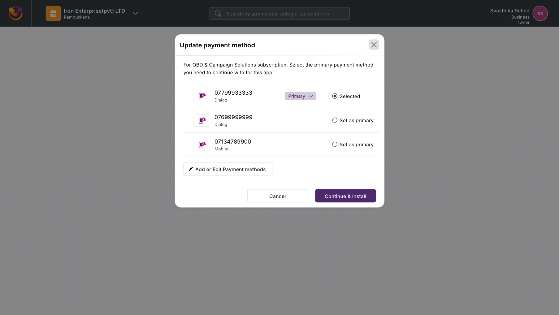 Payment method change modal with Add to Bill selected