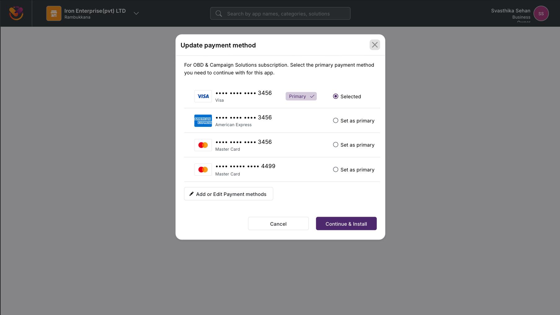Payment method change modal with card payment selected