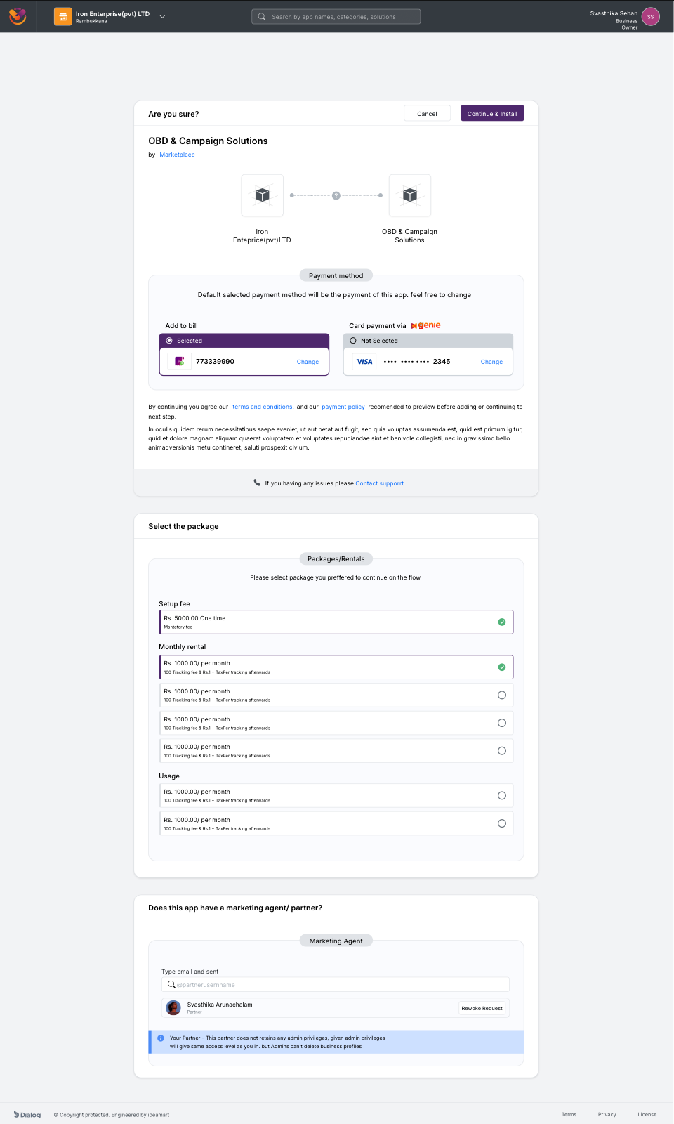 App subscribe confirmation with payment method, package picker, and partner agent assignment