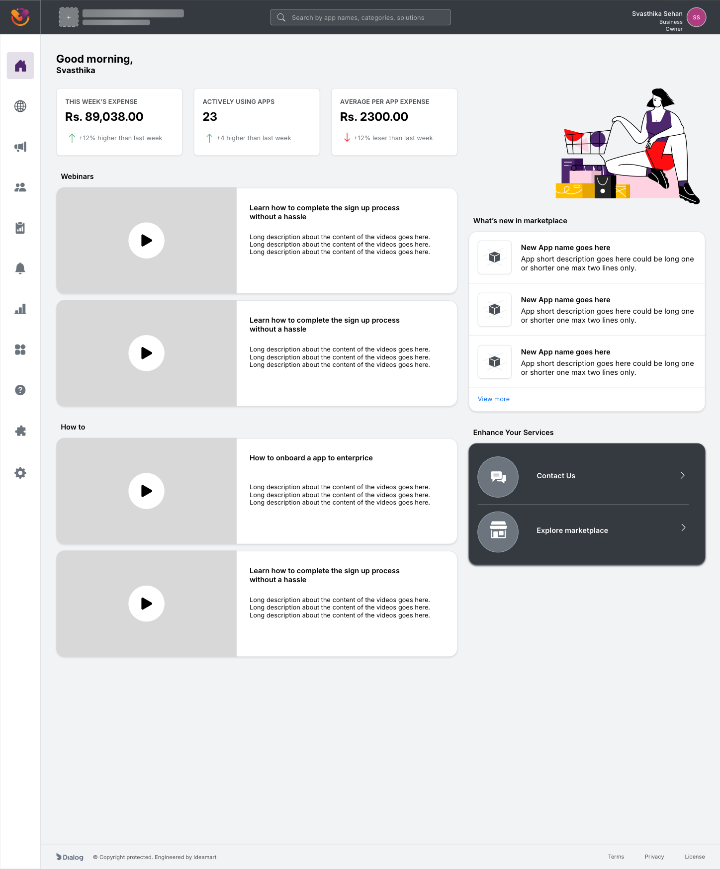 Portal home dashboard with monthly spend, active apps, and what is new