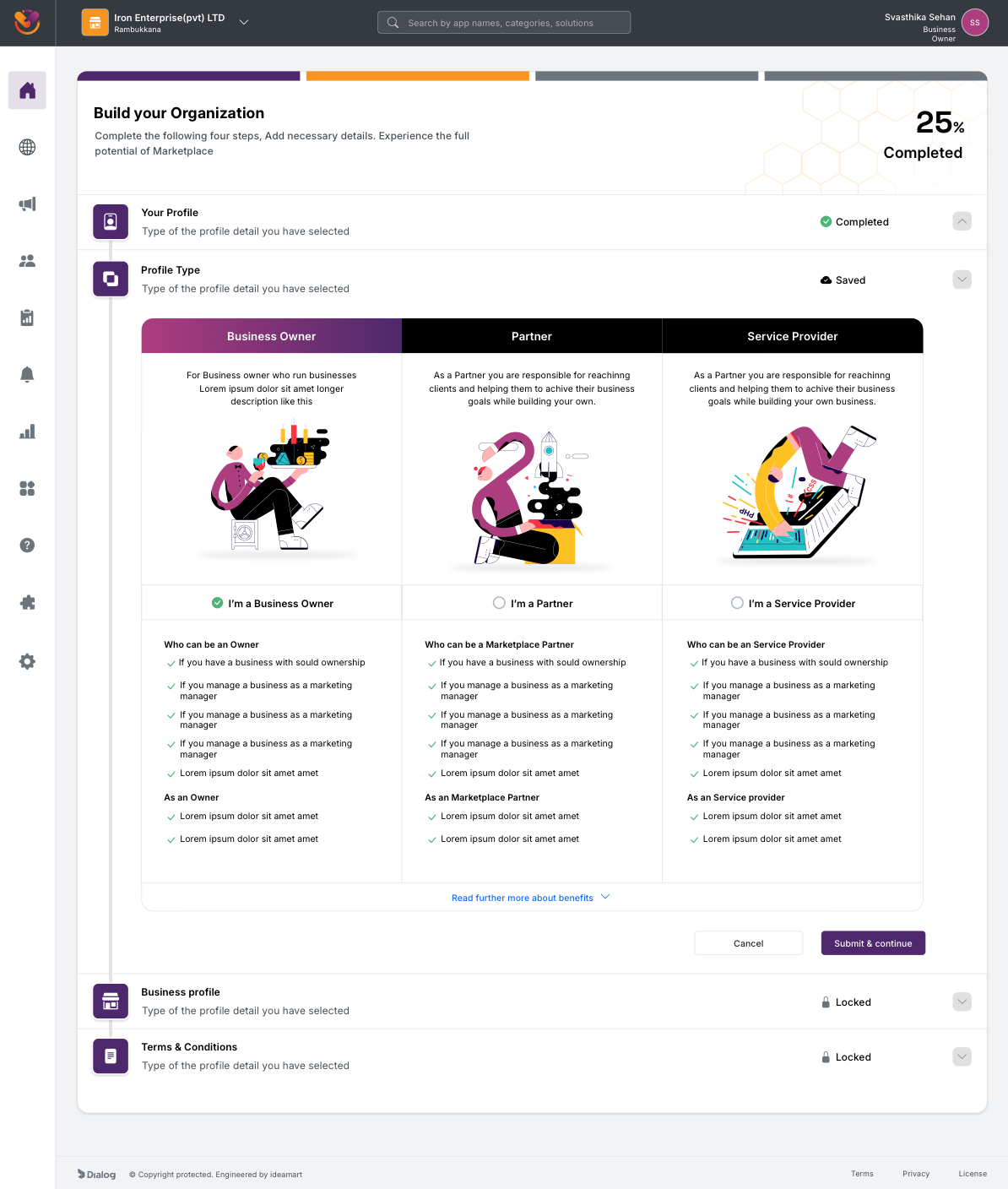 Profile type step with three role cards including Service Provider