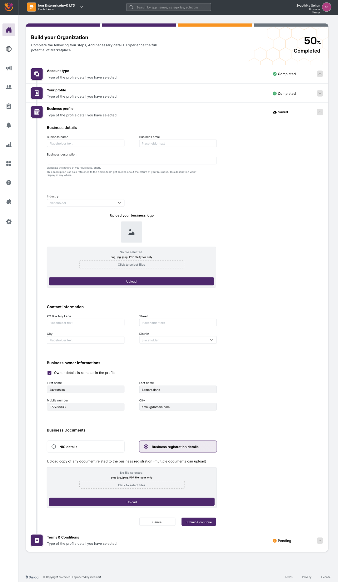 Business Profile step with a saved badge while editing