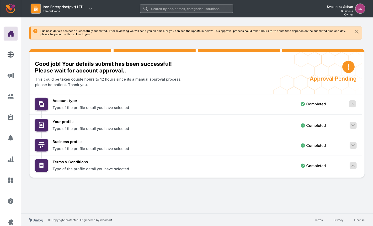 Approval pending state with completed steps and time SLA
