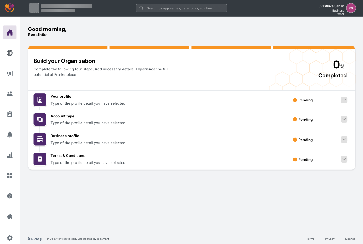 Build your Organization start state with four pending steps and progress bar