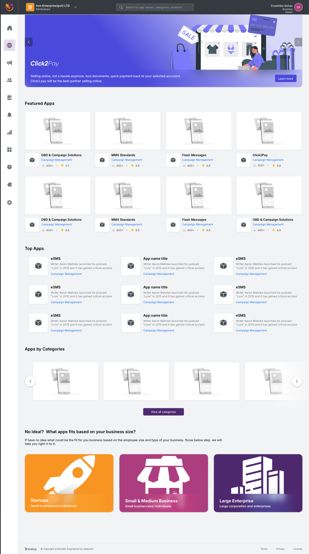 Discover page with featured apps, top apps, categories, and audience segments