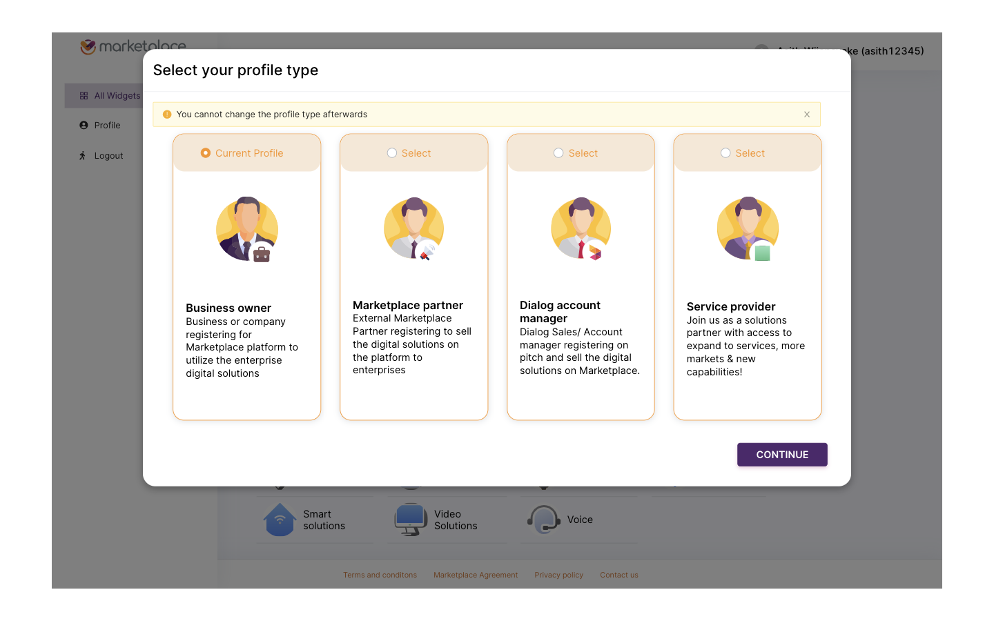 Modal asking the user to pick one of four profile types with no undo