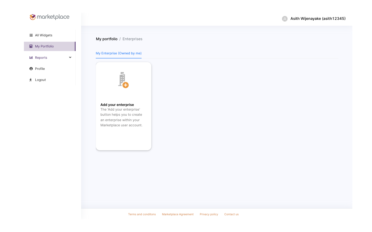 Empty portfolio prompting the user to add an enterprise