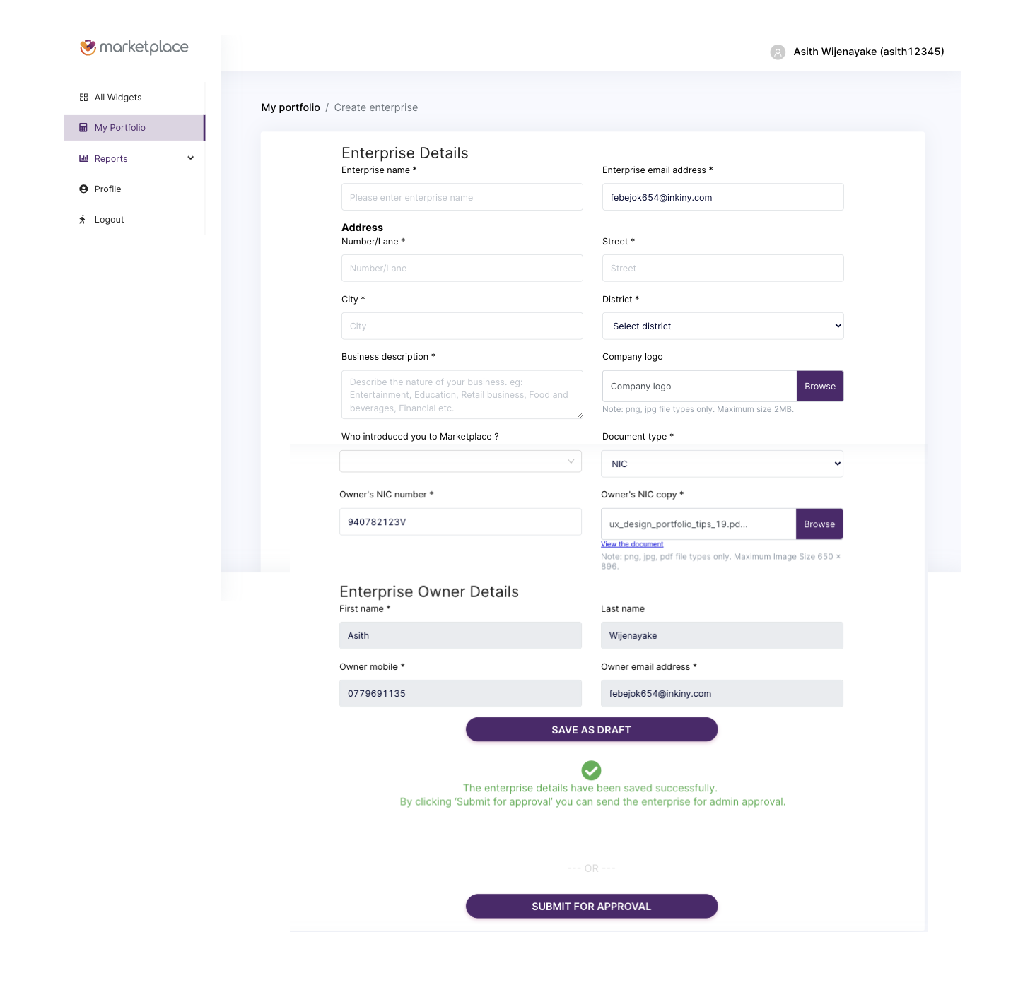 Beta enterprise creation form with required KYC fields