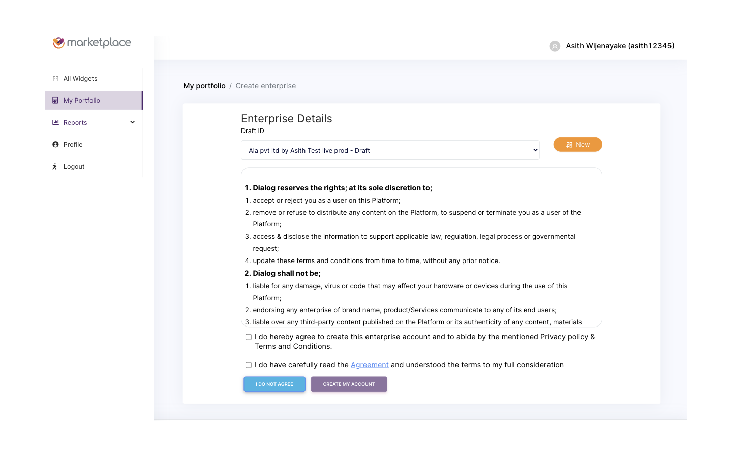 Agreement gate with two checkboxes and Create My Account action