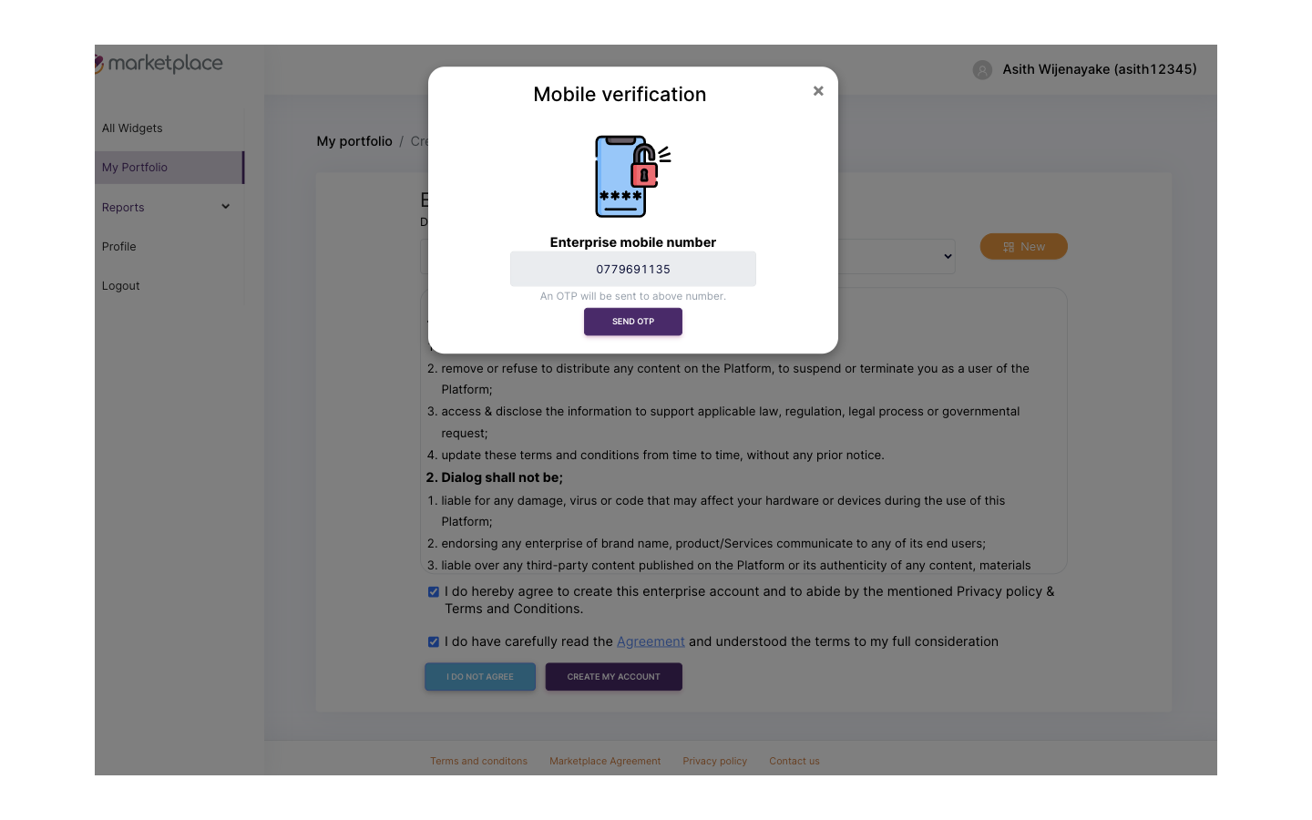 Beta mobile verification modal interrupting the agreement gate