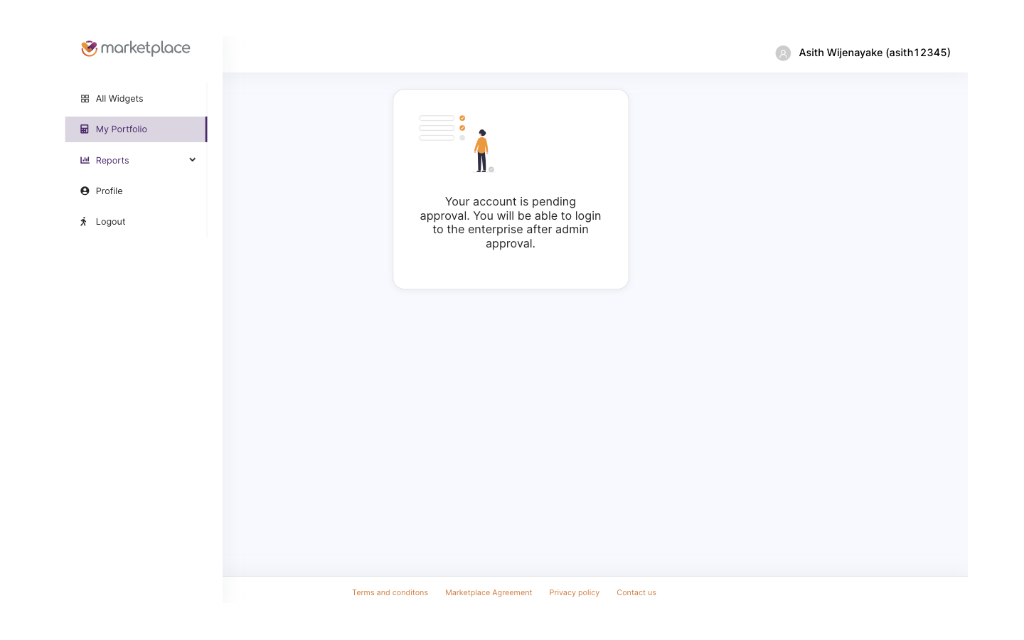 Pending approval state with no ability to browse the catalog