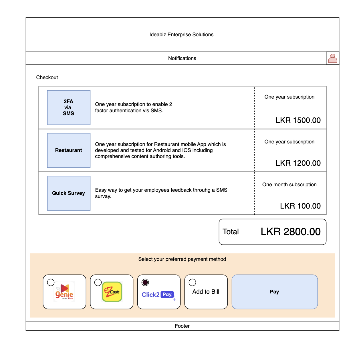 Checkout wireframe with multiple Dialog payment methods
