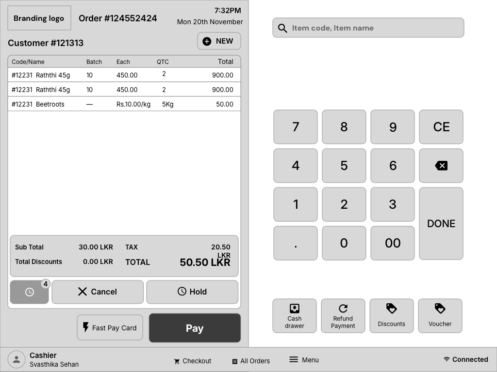 Action screen wireframe with focused transaction controls
