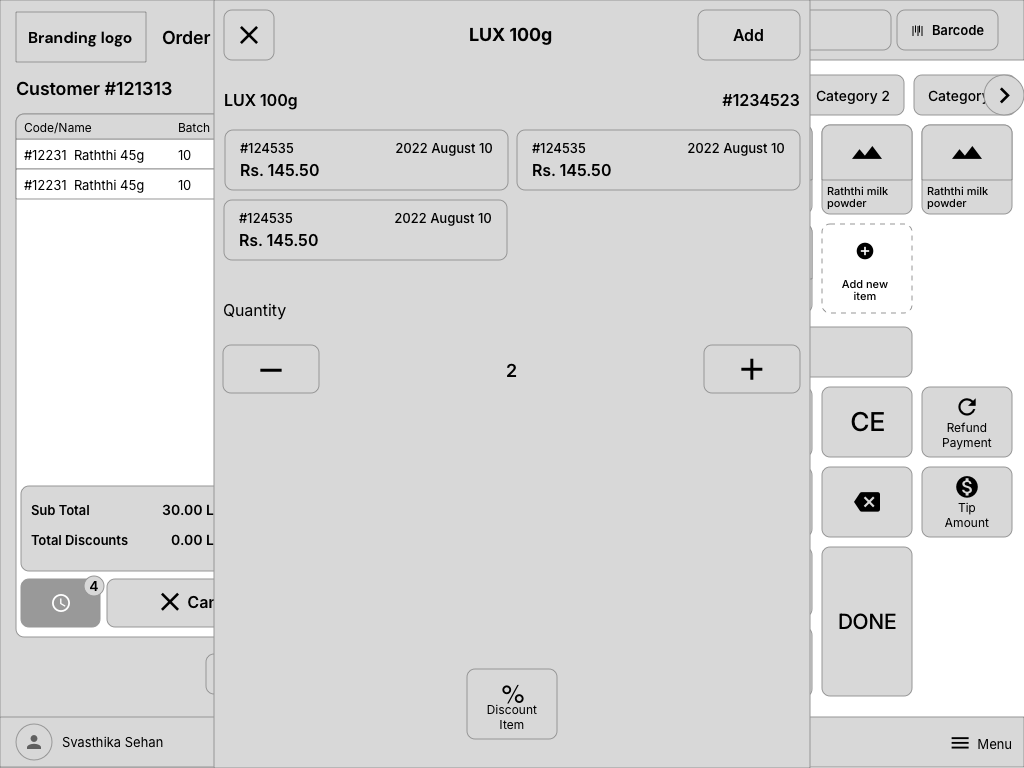 Wireframe for quantity and badge interaction refinement on action screen