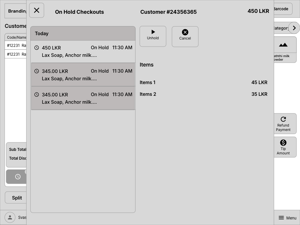 Wireframe showing hold orders and transaction state management
